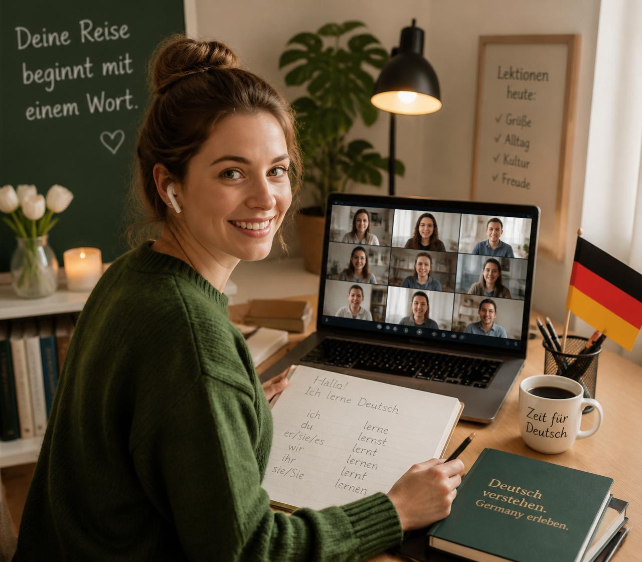 Online language class with a teacher on a laptop teaching students on a video call
